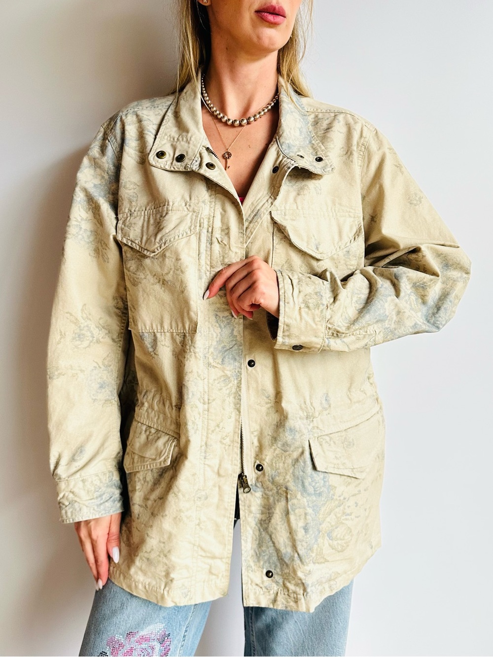 Vintage CHAPS Floral Toile Cotton Utility Jacket Beige Blue Drawstring Waist